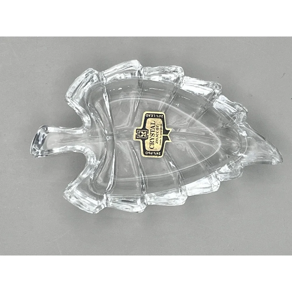 Crystal Zajecar 24% Lead Crystal Leaf Dish‎ Diamond Cut Trinket Set Yugoslavia